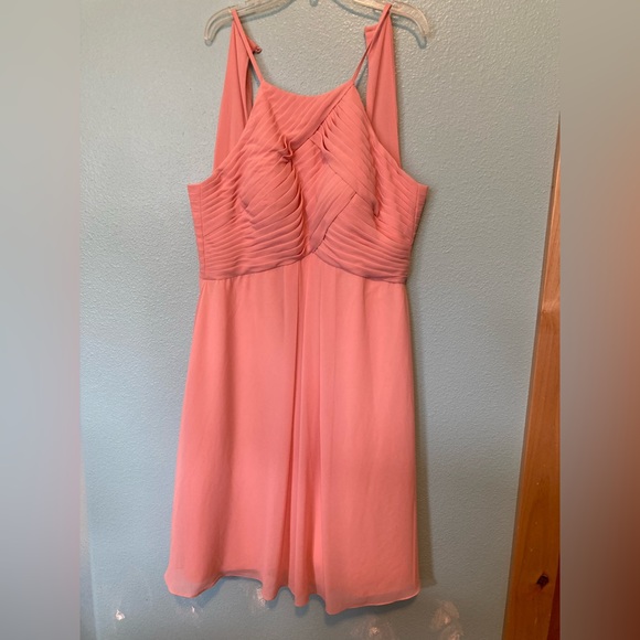 Coral pink, halter top, chiffon, tea length dress from Aw.Bridal. - Picture 2 of 4